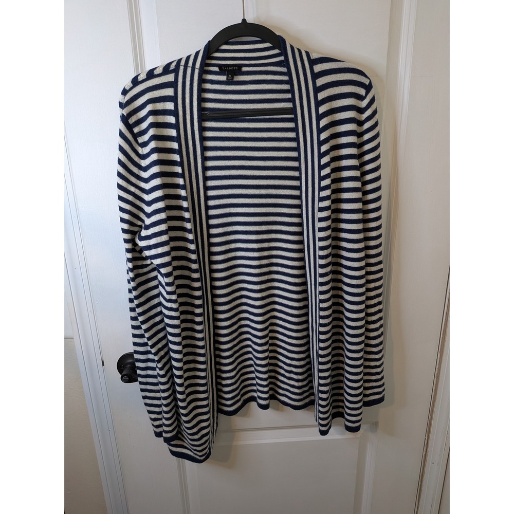 Talbots Womens Navy Blue White Striped Open Front Knit Cardigan Sweater Size M